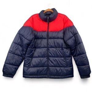 Pull & Bear Men's Zip Front Puffer Jacket - Navy Blue/Red, Size Large